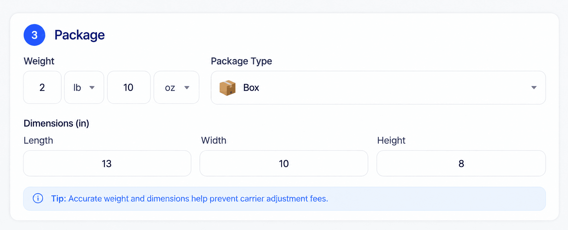 Ship Fairy Package section showing fields for package weight, type, length, width, and height