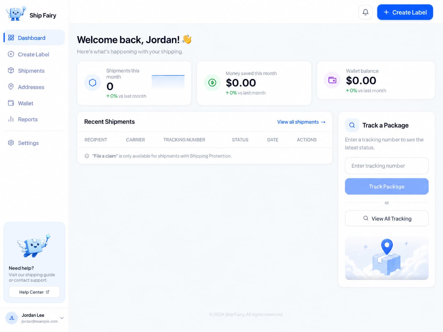 Ship Fairy shipping dashboard where customers can begin creating a shipping label