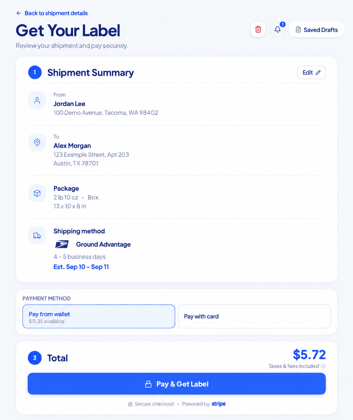Ship Fairy Estimated Order Total with Create Order and Save draft options
