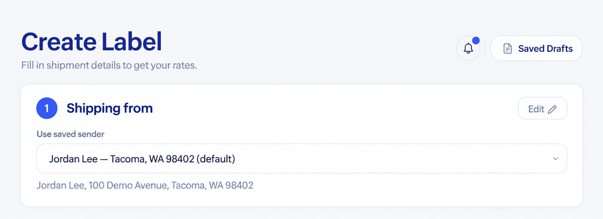 Ship Fairy Create Label page showing the sender address provided during sign-up