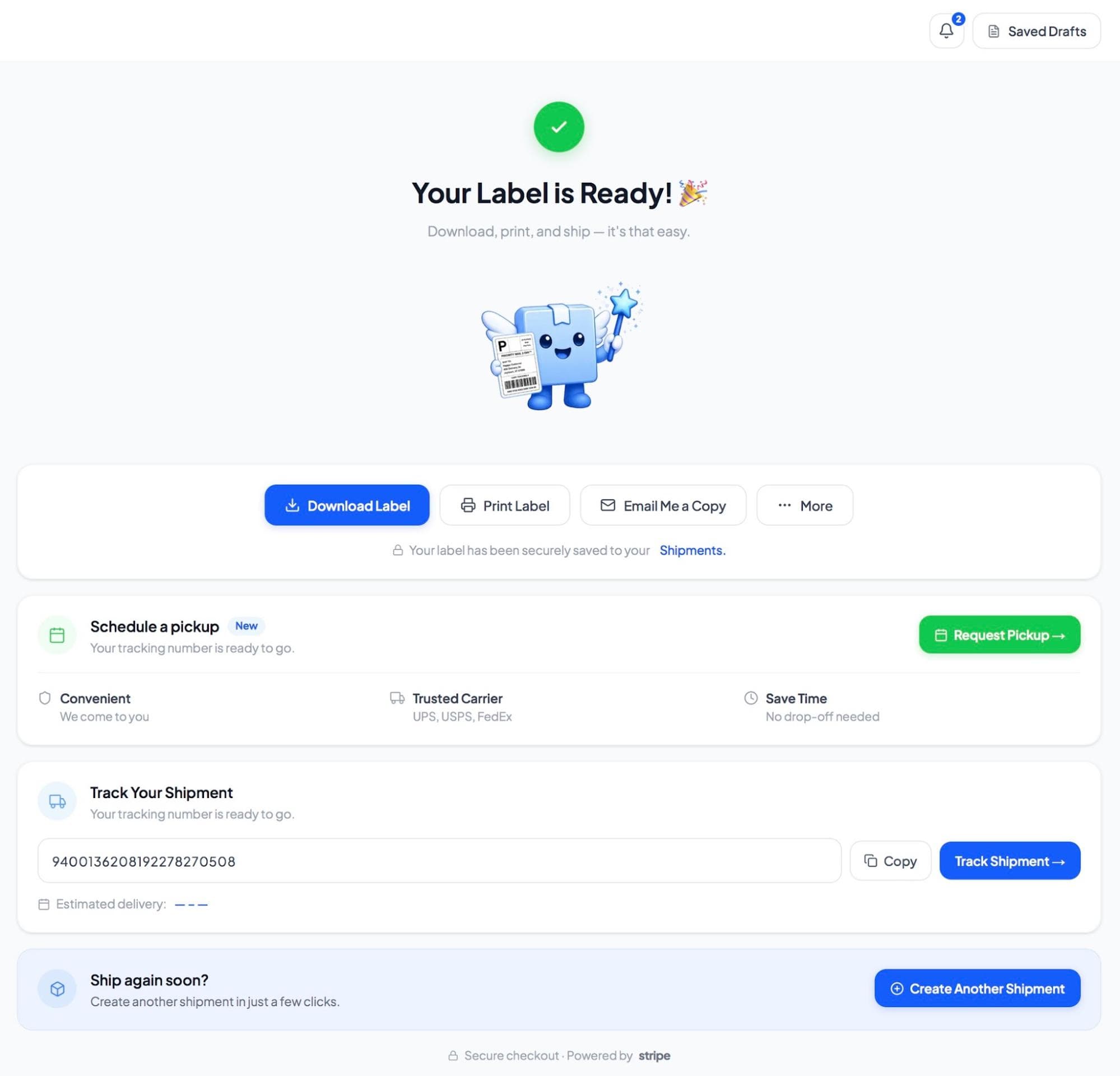 Ship Fairy label confirmation page with options to download, print, or email a label and optional tools for pickup and tracking