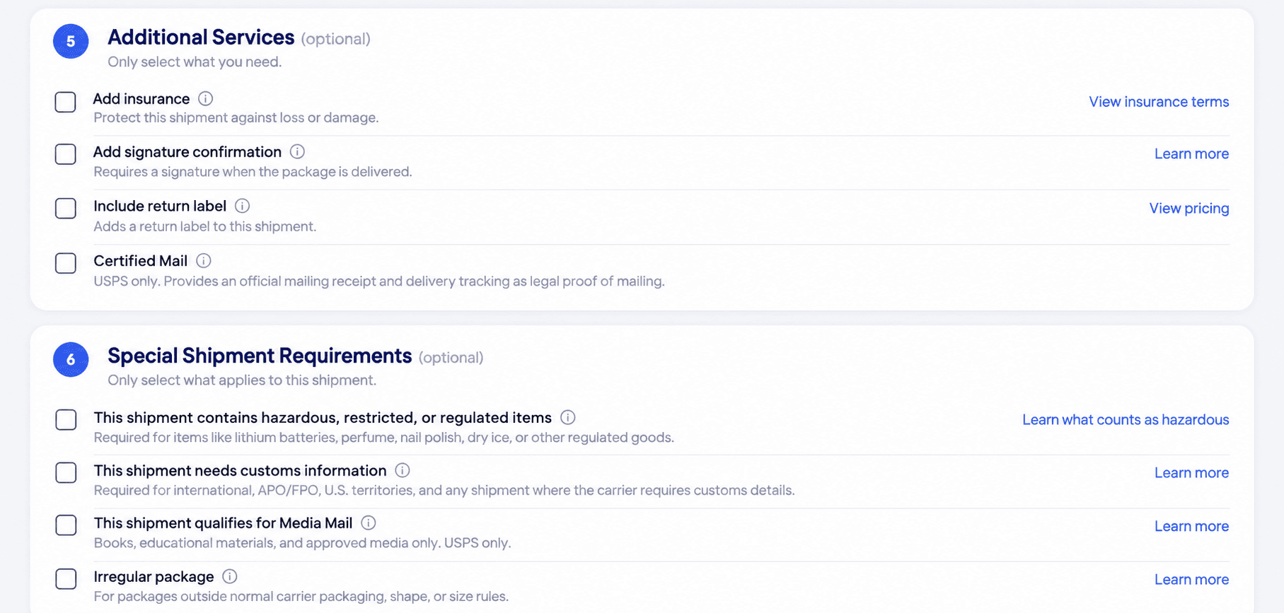 Ship Fairy options for insurance, signature confirmation, return labels, Certified Mail, and special shipment requirements