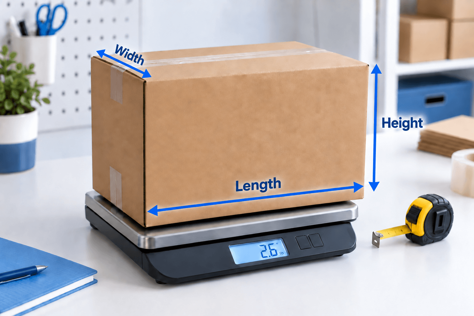 Sealed shipping package being weighed and measured before purchasing a label